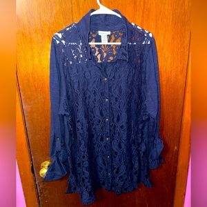 Catherine’s Womens Navy Blue Floral Lace Cardigan Size 1X